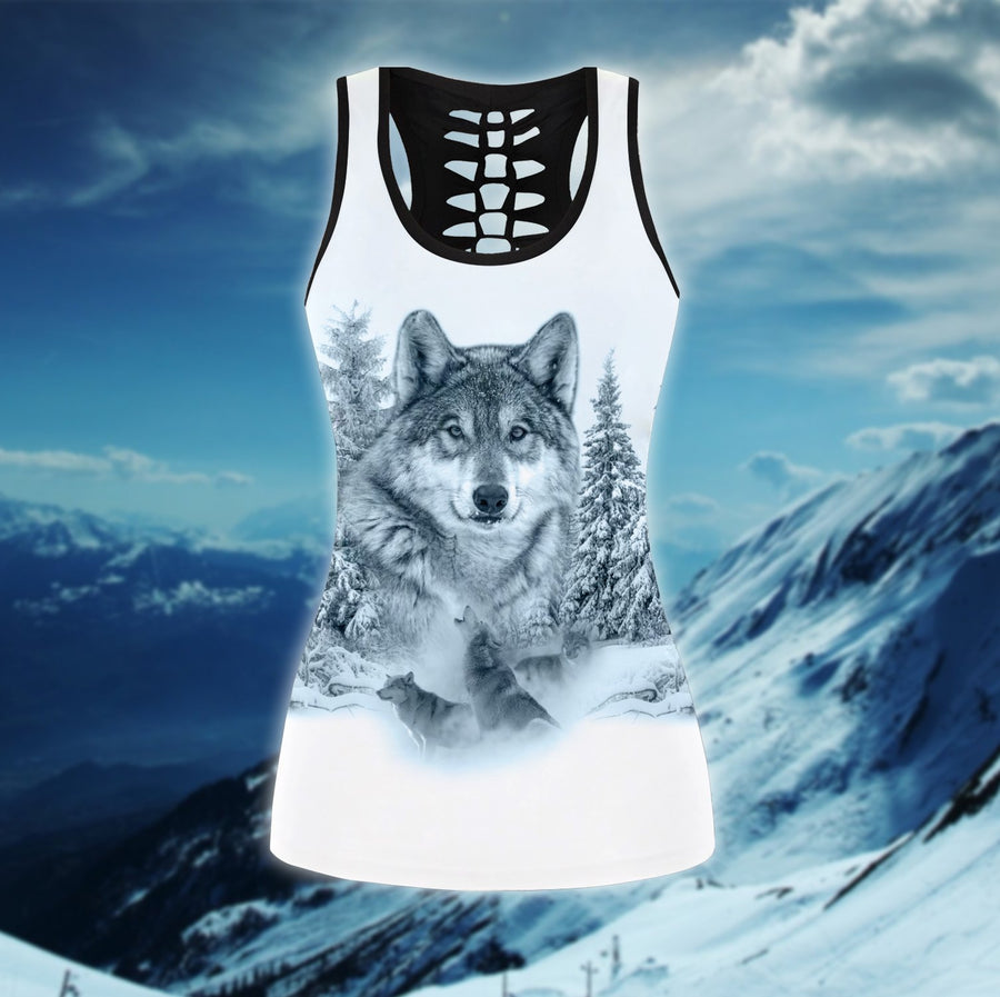 Beautiful White Wolf 3D All Over Printed Legging + Hollow Tank Combo