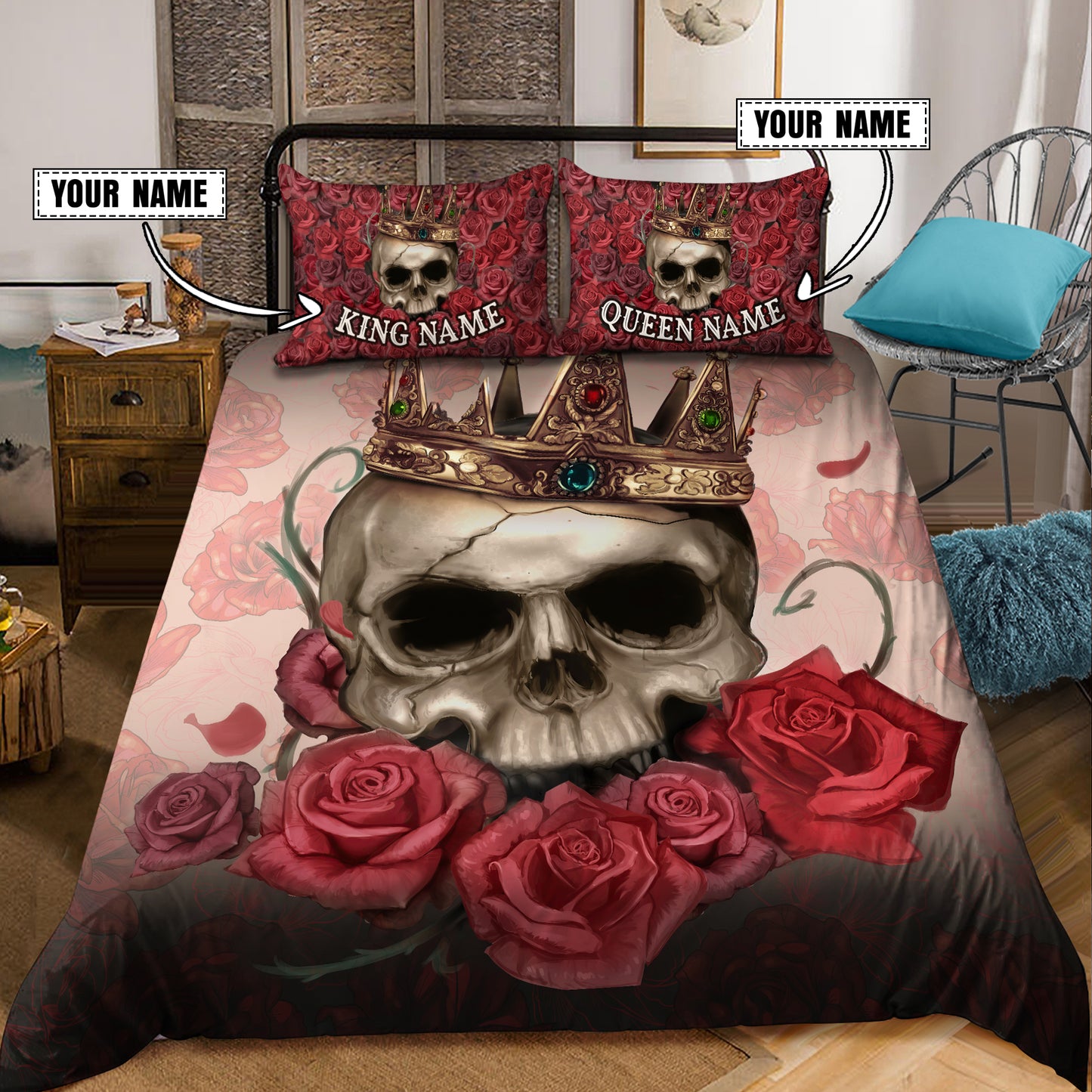 Customize Name Couple Skull Art Bedding Set