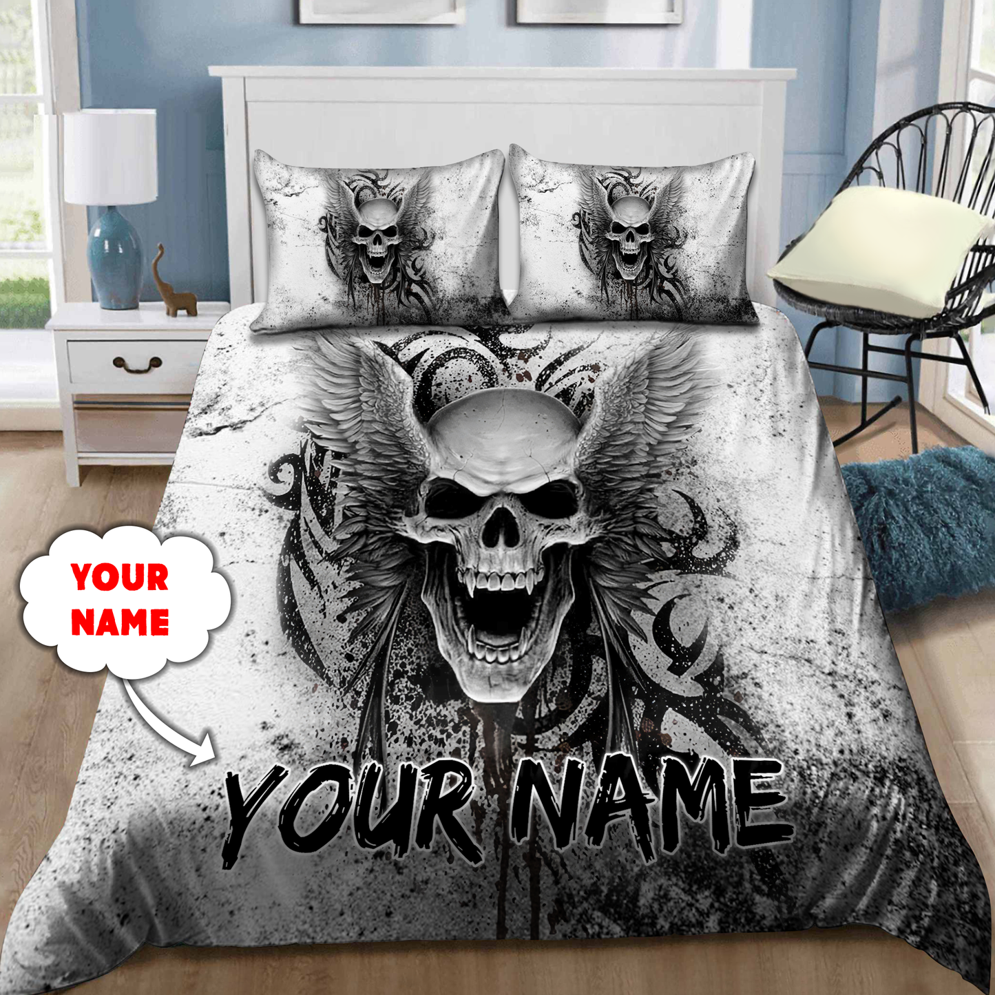 Customize Name Skull With Angel Wings Bedding Set DQB31052104
