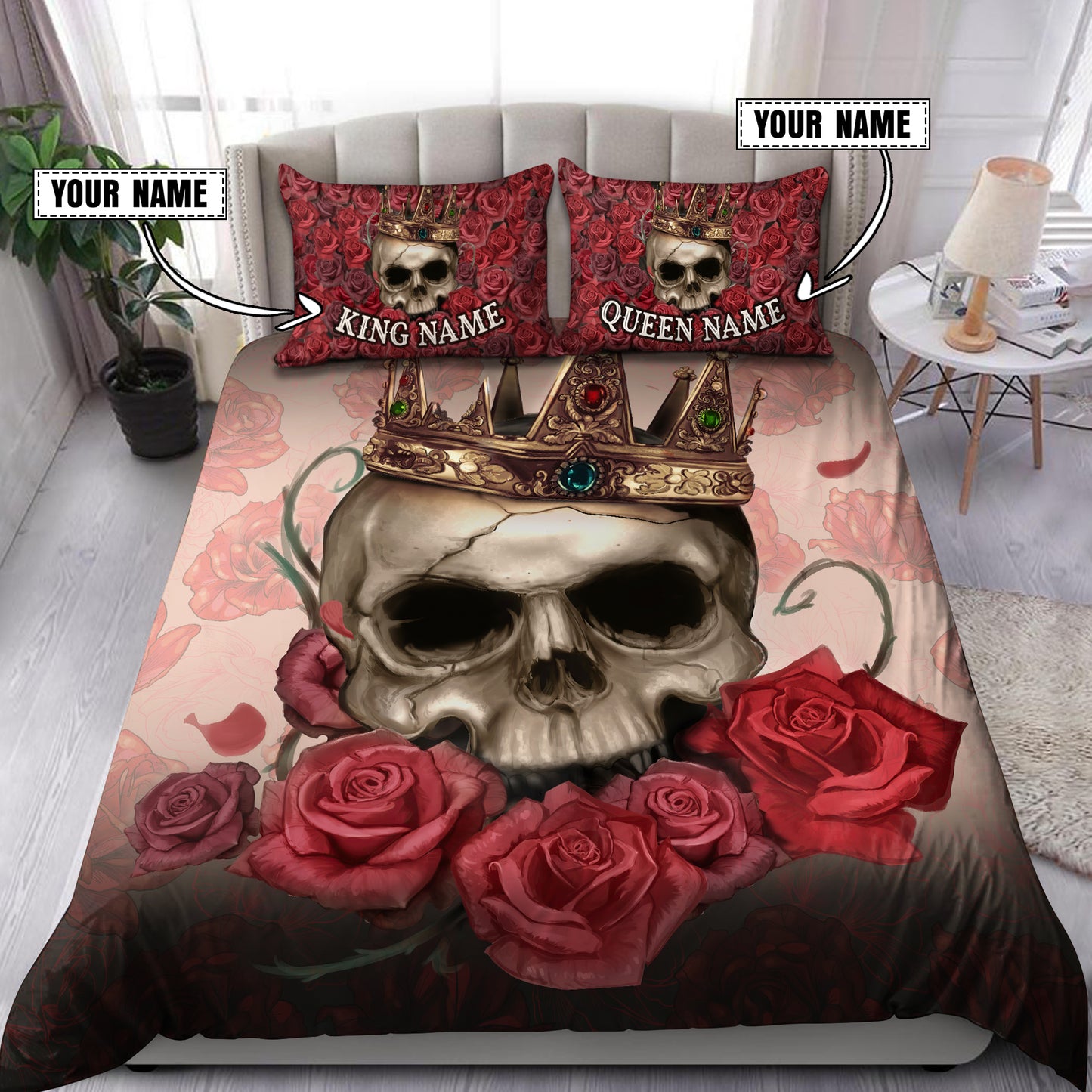 Customize Name Couple Skull Art Bedding Set