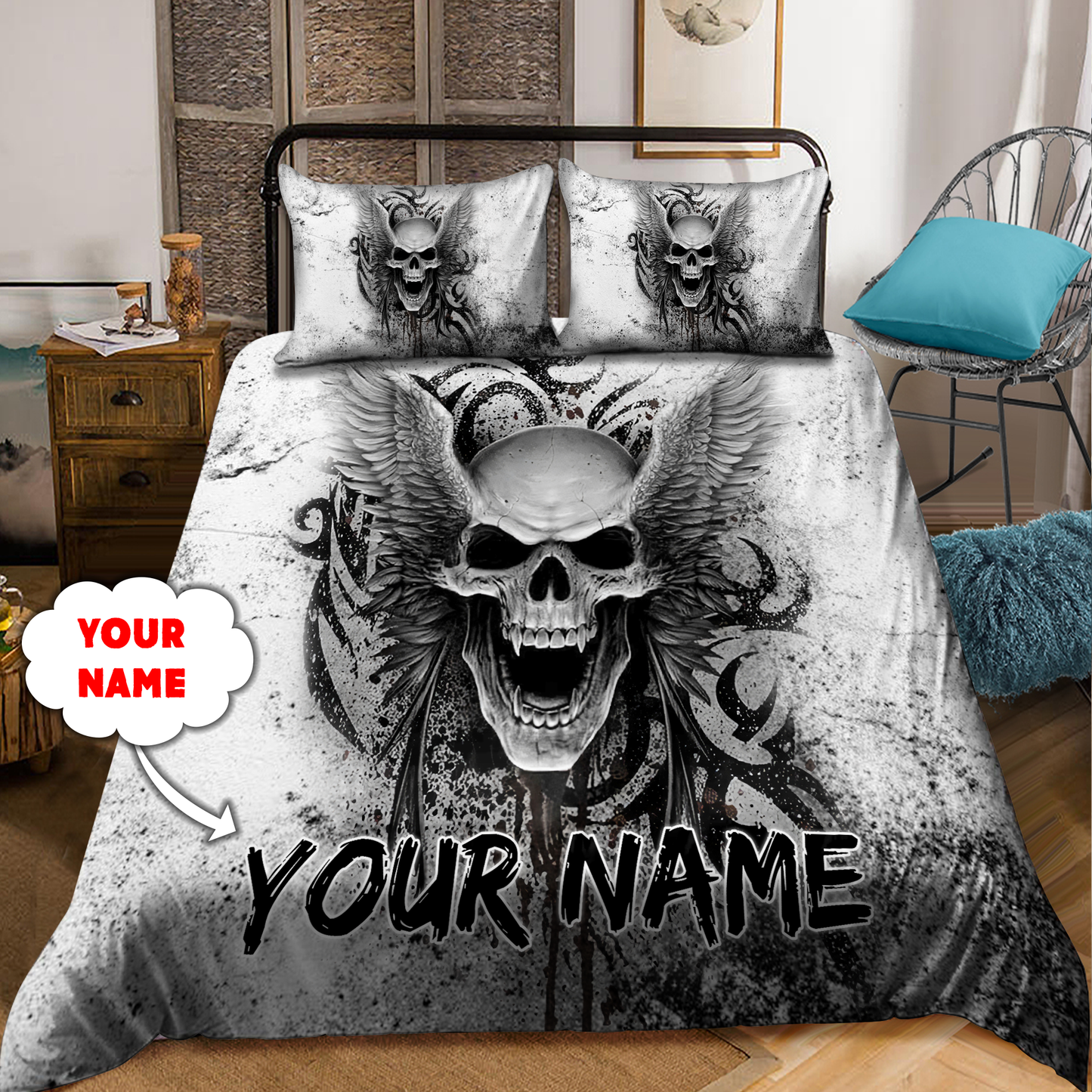Customize Name Skull With Angel Wings Bedding Set DQB31052104