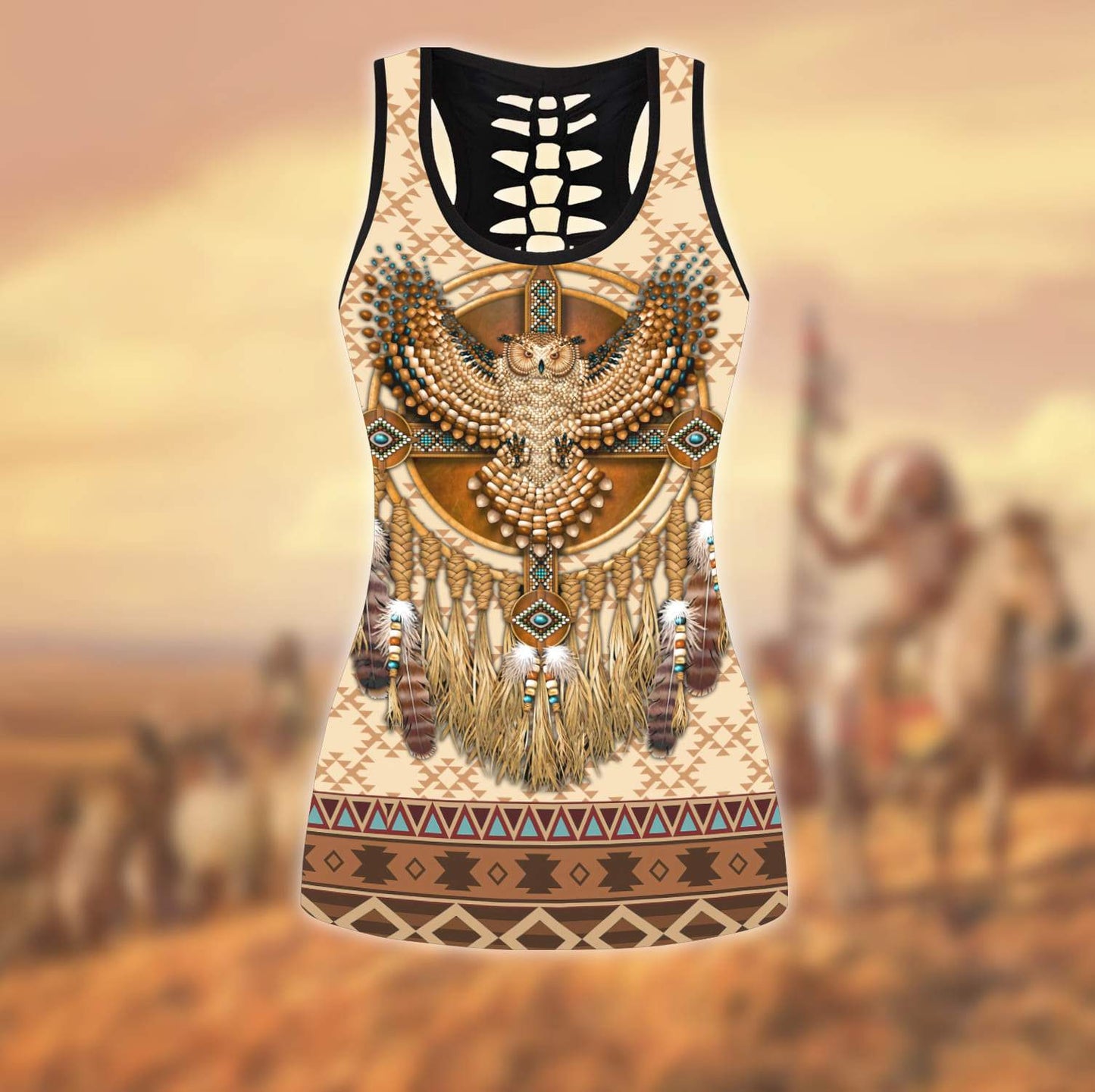 Owl Native American 3D All Over Printed Legging + Hollow Tank