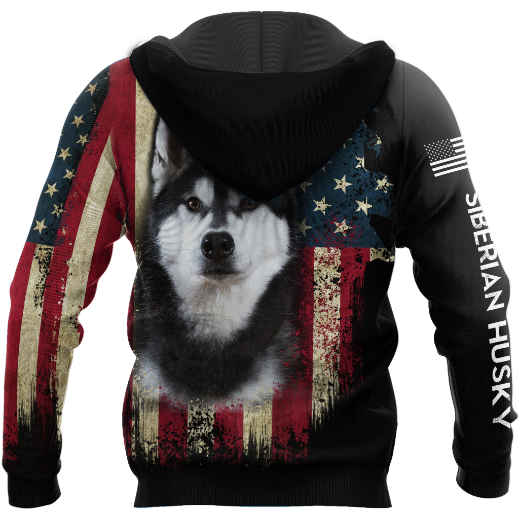 Black Husky Siberian American Flag 3D All Over Print Hoodie