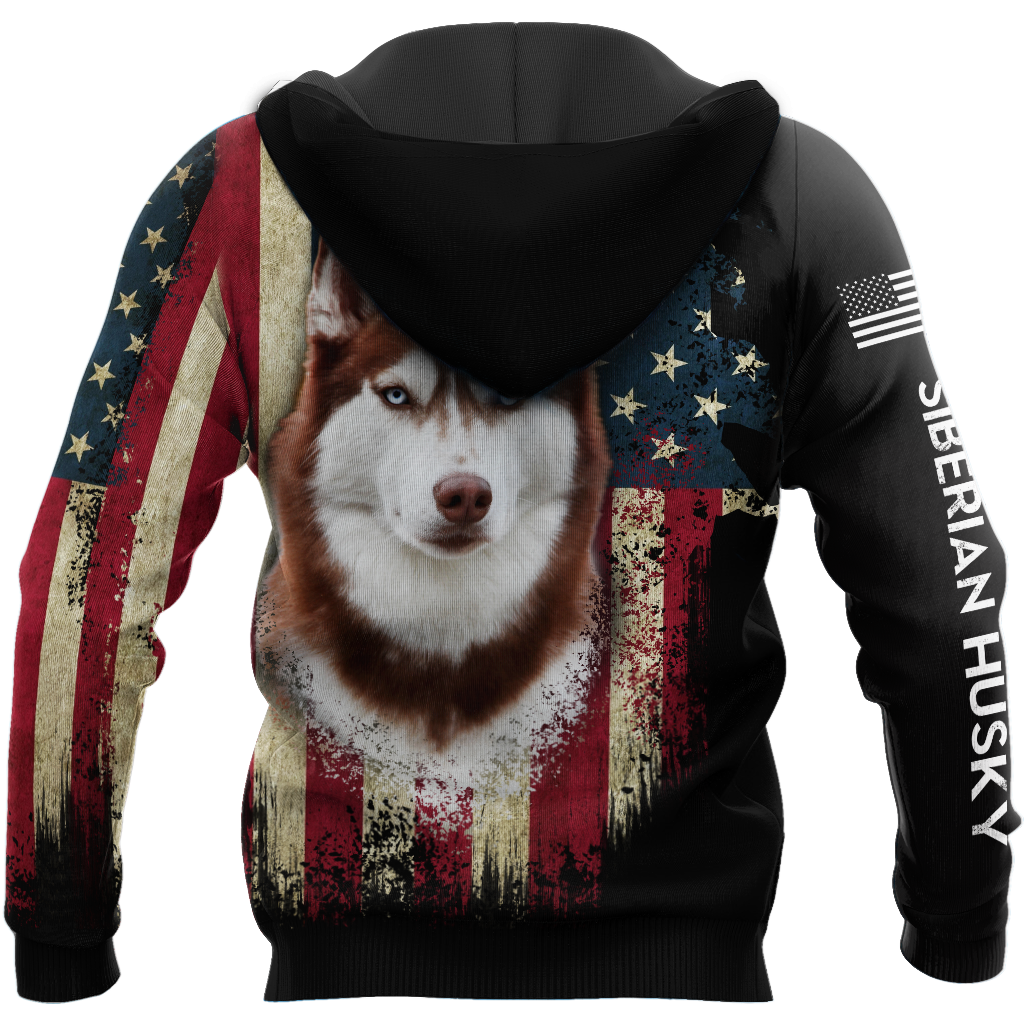Husky Siberian American Flag 3D All Over Print Hoodie