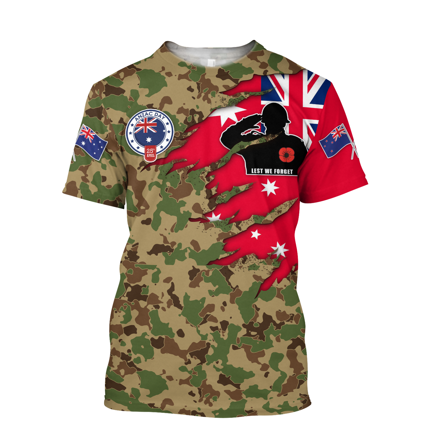 Anzac day remembrance Kiwi and Australia Veteran Camo 3D print shirt
