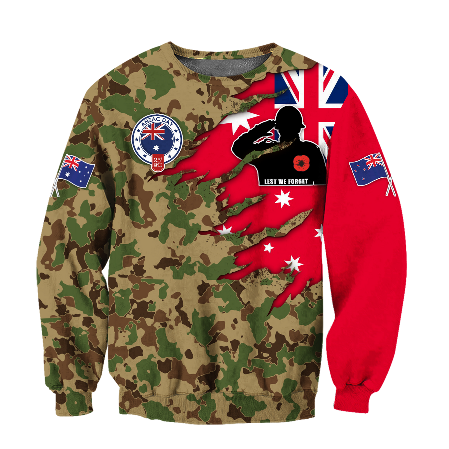 Anzac day remembrance Kiwi and Australia Veteran Camo 3D print shirt