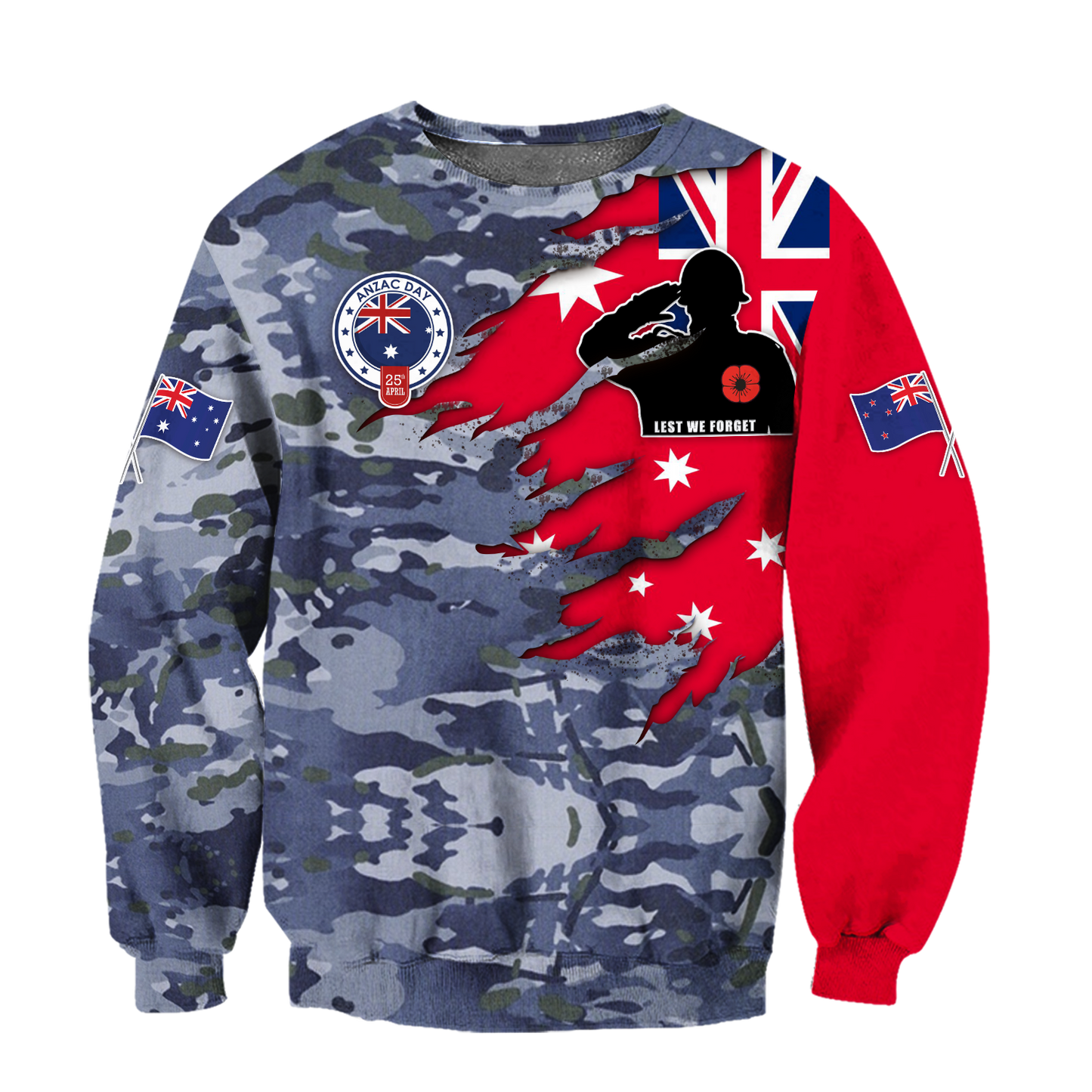 Anzac day remembrance Kiwi and Australia Navy Veteran Camo 3D print shirt