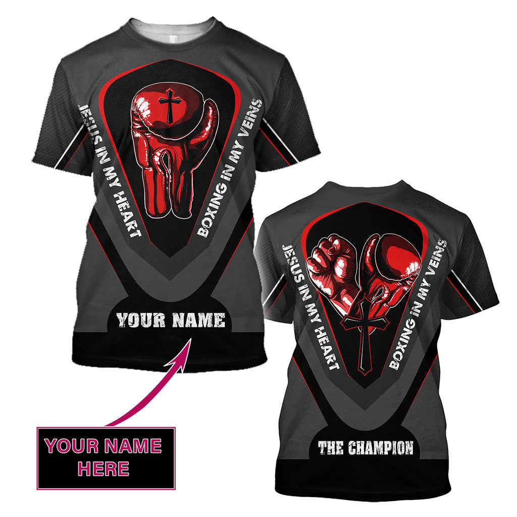 Custom Name Jesus In My Heart, Boxing In My Veins 3D All Over Printed Unisex Shirt