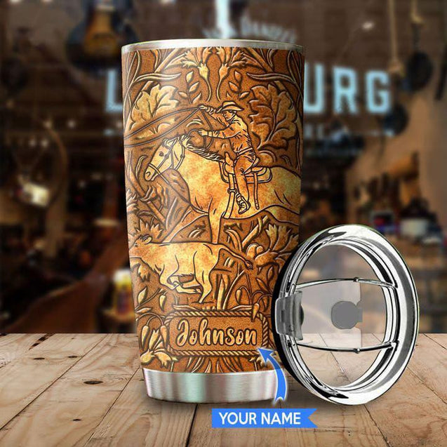 Personalized Name Bull Riding Stainless Steel Tumbler Roping On Faith