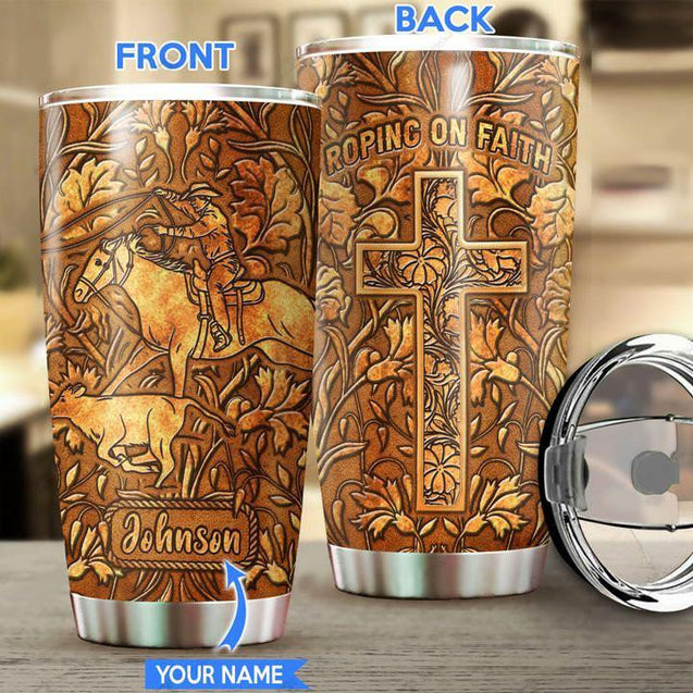 Personalized Name Bull Riding Stainless Steel Tumbler Roping On Faith