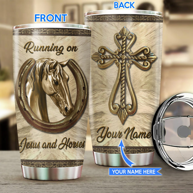 Personalized Name Rodeo Stainless Steel Tumbler Running On Jesus And Horses