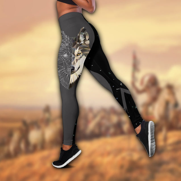 Wolf Native American 3D All Over Printed Legging + Hollow Tank