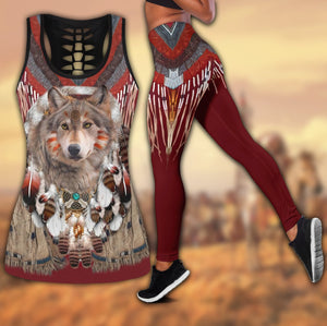 Wolf Native American 3D All Over Printed Legging + Hollow Tank