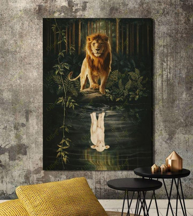 Lion and sheep - Awesome reflection Canvas Poster Vertical