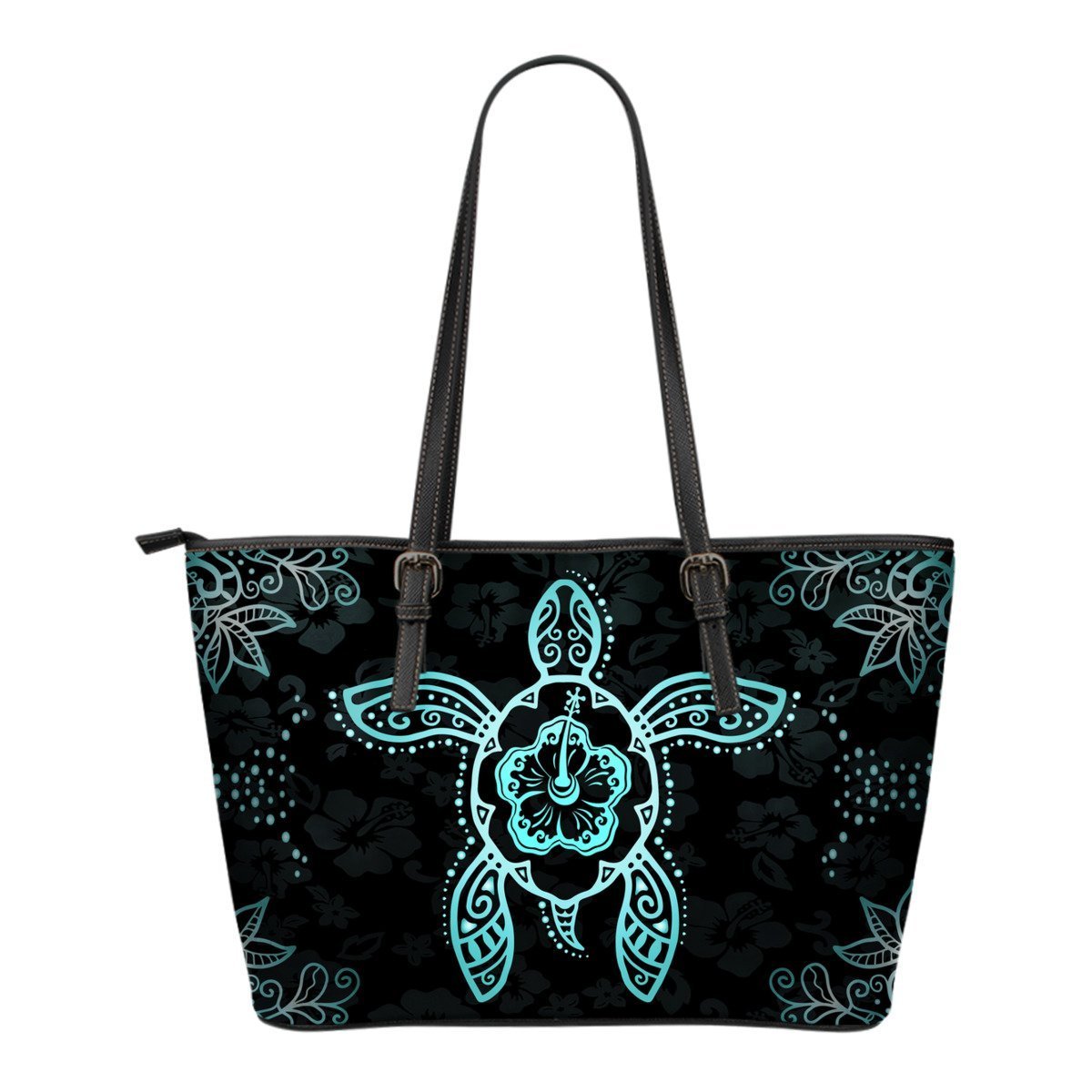 Turtle And Hibiscus Small Leather Tote Bag 05 - AH-LEATHER TOTES-Alohawaii-Small Leather Tote Bag-Black-PU leather-Vibe Cosy™
