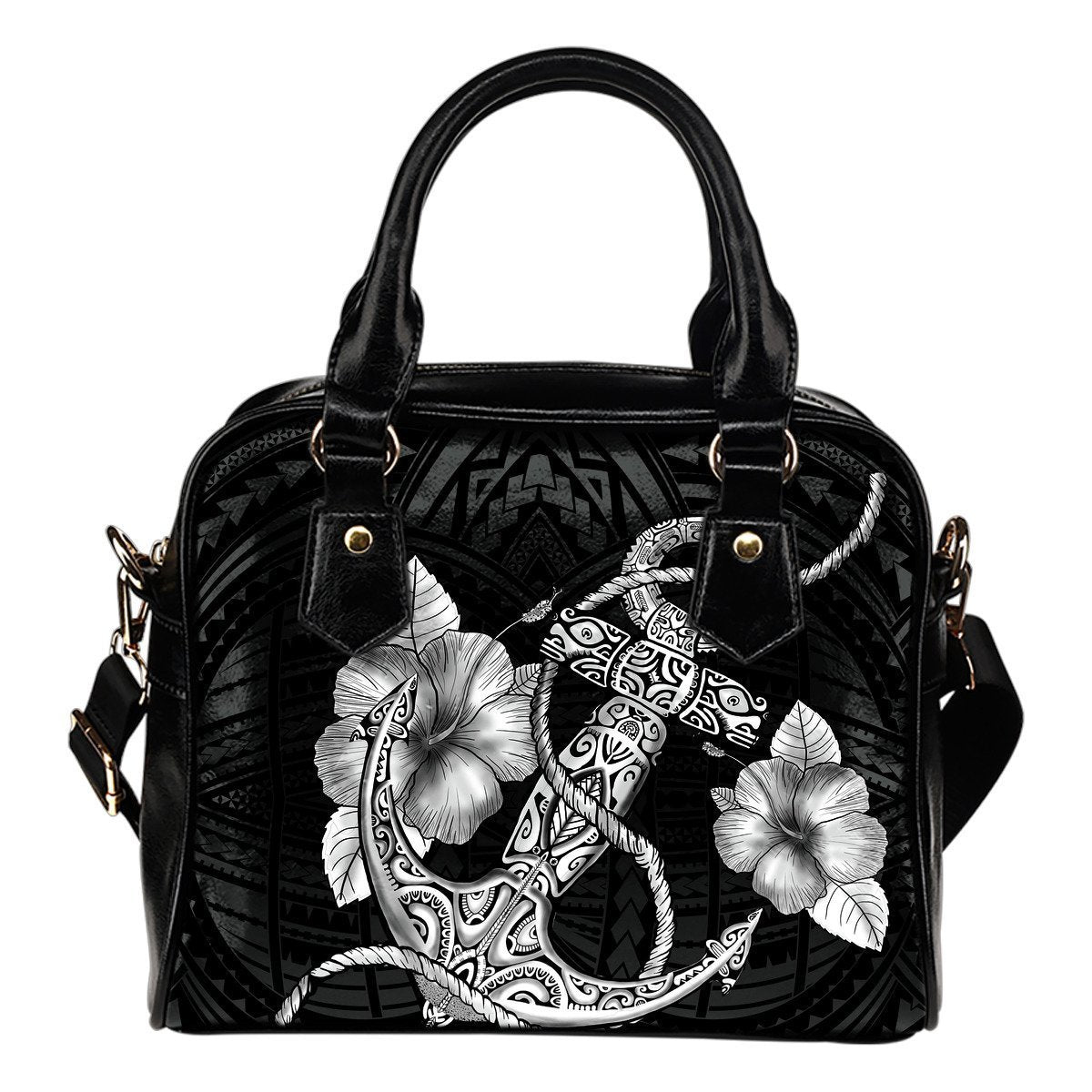 Hibiscus Polynesian Shoulder Handbag 02 - AH-SHOULDER HANDBAGS-Alohawaii-Shoulder Handbag-Black-PU leather-Vibe Cosy™