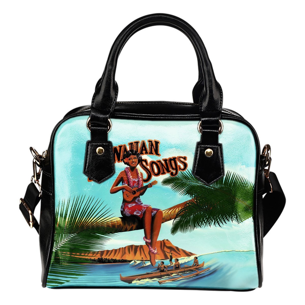 Hawaiian Picture Shoulder Handbag 04 - AH-SHOULDER HANDBAGS-Alohawaii-Shoulder Handbag-Black-PU leather-Vibe Cosy™