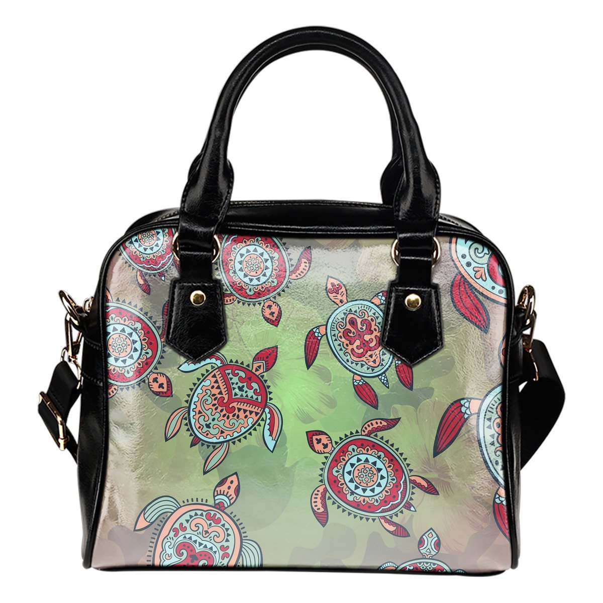 Turtle And Hibiscus Shoulder Handbag 05 - AH-SHOULDER HANDBAGS-Alohawaii-Shoulder Handbag-Black-PU leather-Vibe Cosy™