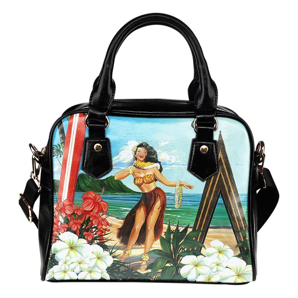 Hawaiian Picture Shoulder Handbag 03 - AH-SHOULDER HANDBAGS-Alohawaii-Shoulder Handbag-Black-PU leather-Vibe Cosy™