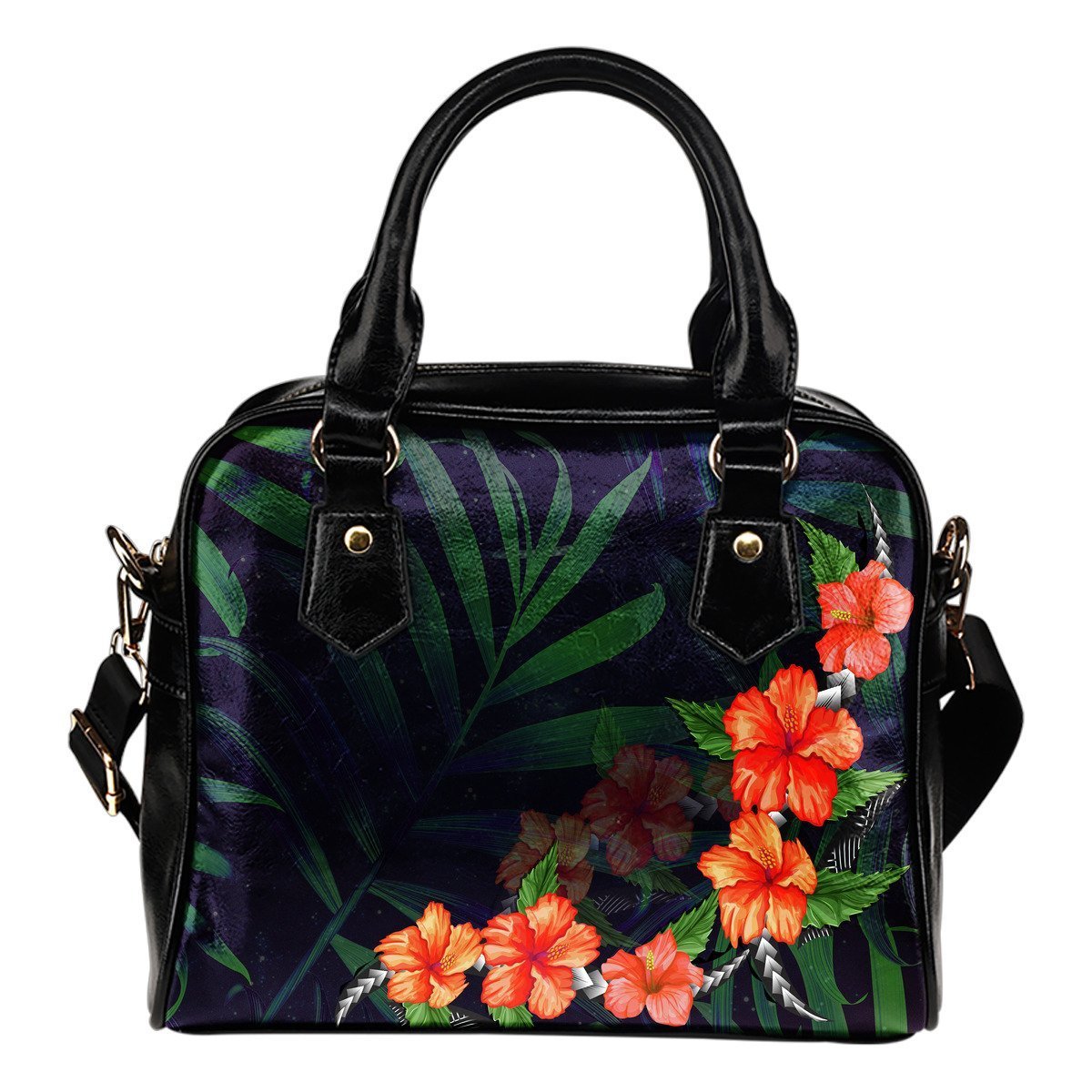 Hibiscus Shoulder Handbag 04 - AH-SHOULDER HANDBAGS-Alohawaii-Shoulder Handbag-Black-PU leather-Vibe Cosy™