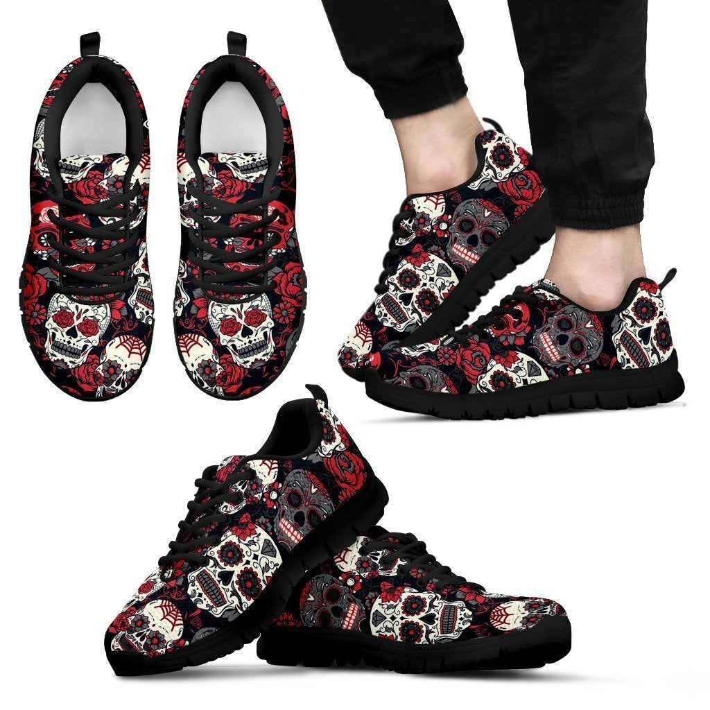 Sugar Skull Red and Black Men's Sneakers-6teenth World™-Men's Sneakers-US5 (EU38)-Vibe Cosy™