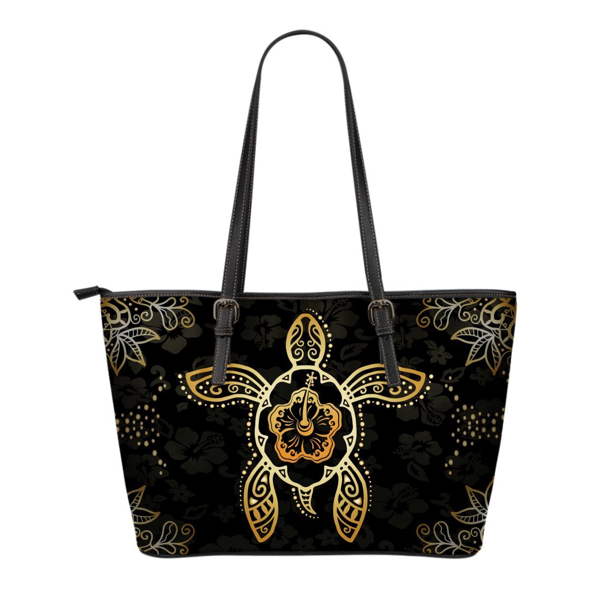 Turtle And Hibiscus Small Leather Tote Bag 04 - AH-LEATHER TOTES-Alohawaii-Small Leather Tote Bag-Black-PU leather-Vibe Cosy™
