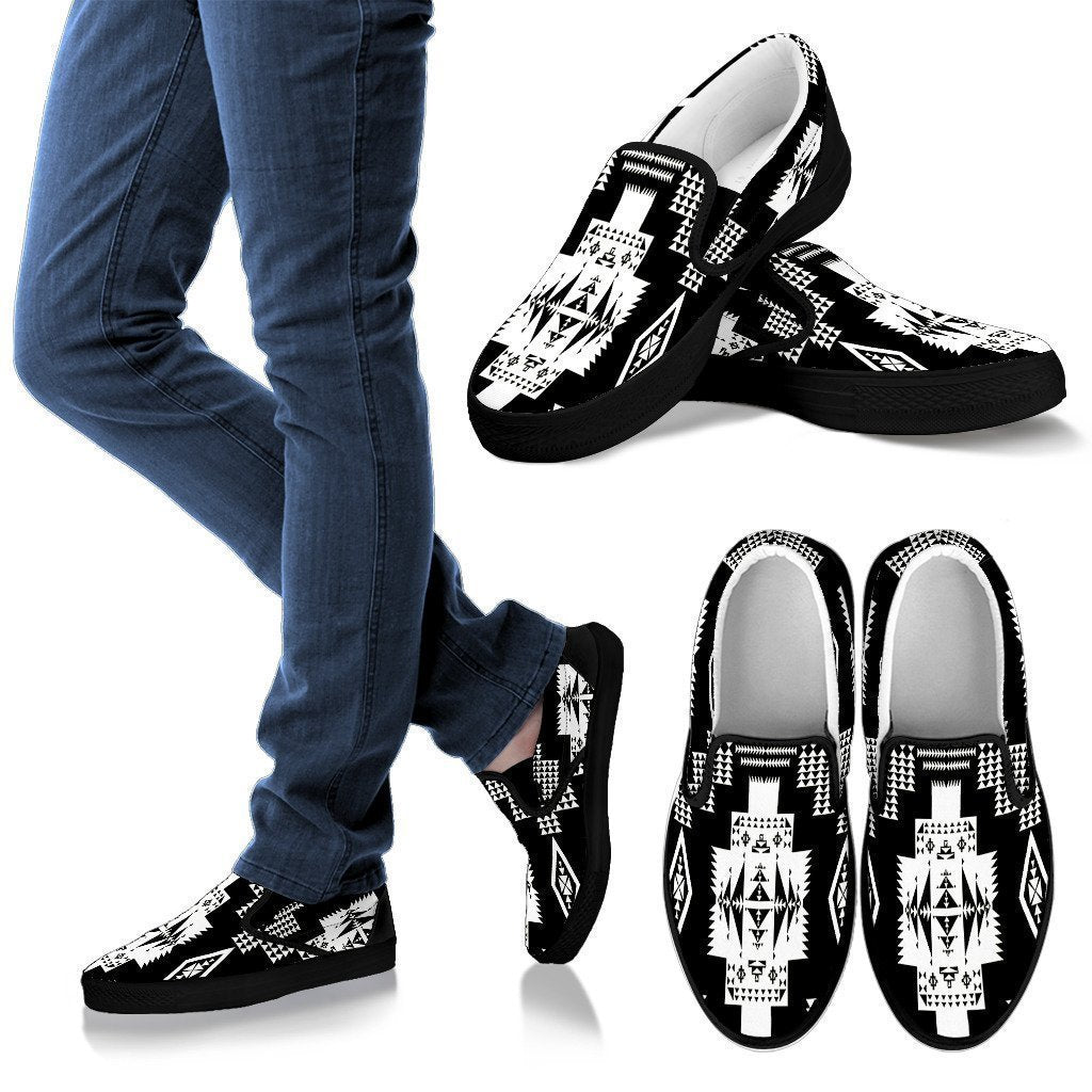 Seven Tribes Black with White Men's Slip Ons-6teenth World™-Kid's Sneakers-US8 (EU40)-Vibe Cosy™