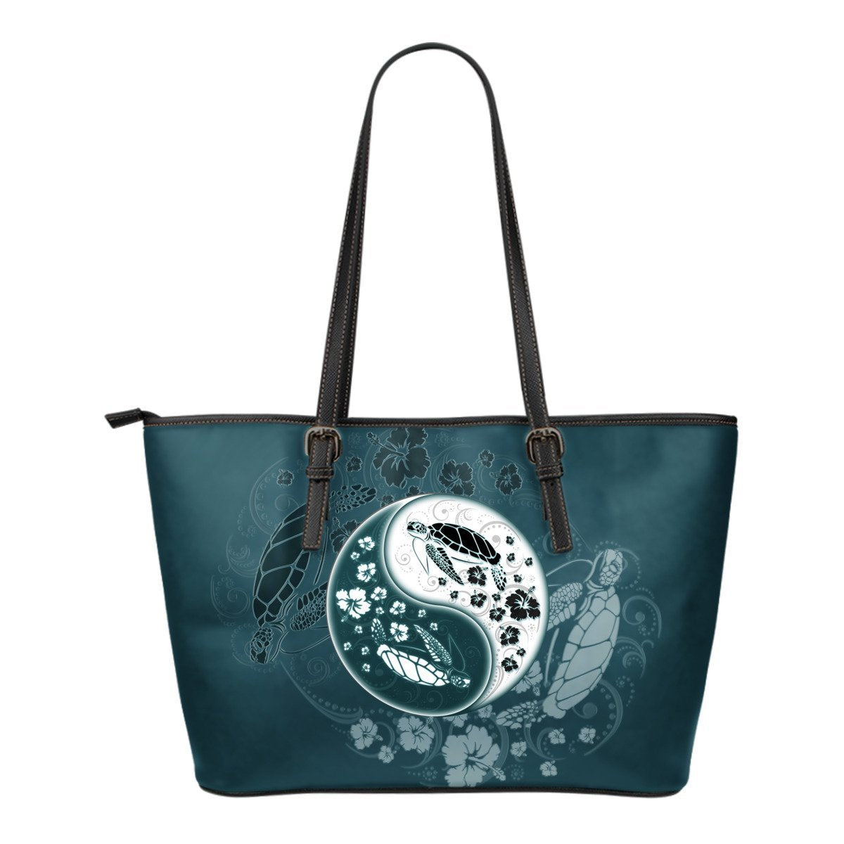 Turtle And Hibiscus Small Leather Tote Bag 02 - AH-LEATHER TOTES-Alohawaii-Small Leather Tote Bag-Black-PU leather-Vibe Cosy™