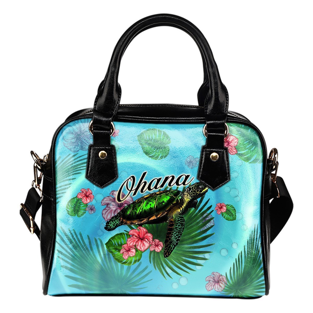 Turtle And Hibiscus Shoulder Handbag 07 - AH-SHOULDER HANDBAGS-Alohawaii-Shoulder Handbag-Black-PU leather-Vibe Cosy™