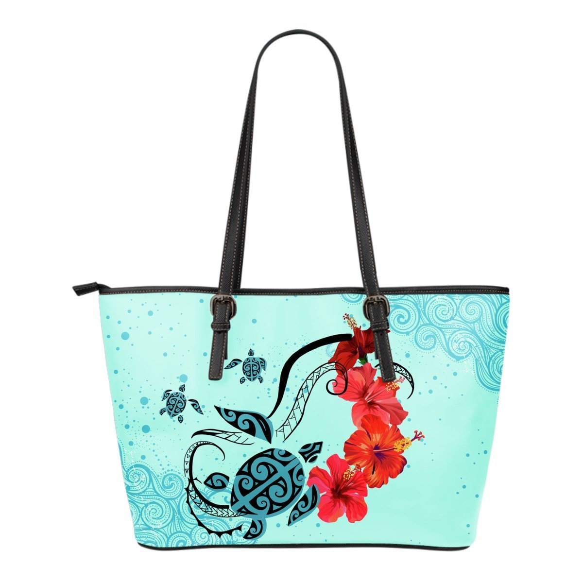Turtle And Hibiscus Small Leather Tote Bag 01 - AH-LEATHER TOTES-Alohawaii-Small Leather Tote Bag-Black-PU leather-Vibe Cosy™