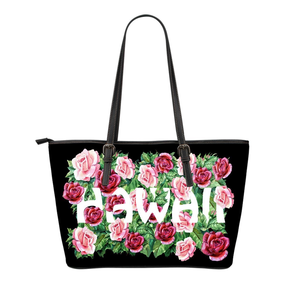 Hawaiian Rose Small Leather Tote Bag - AH-LEATHER TOTES-Alohawaii-Small Leather Tote Bag-Black-PU leather-Vibe Cosy™