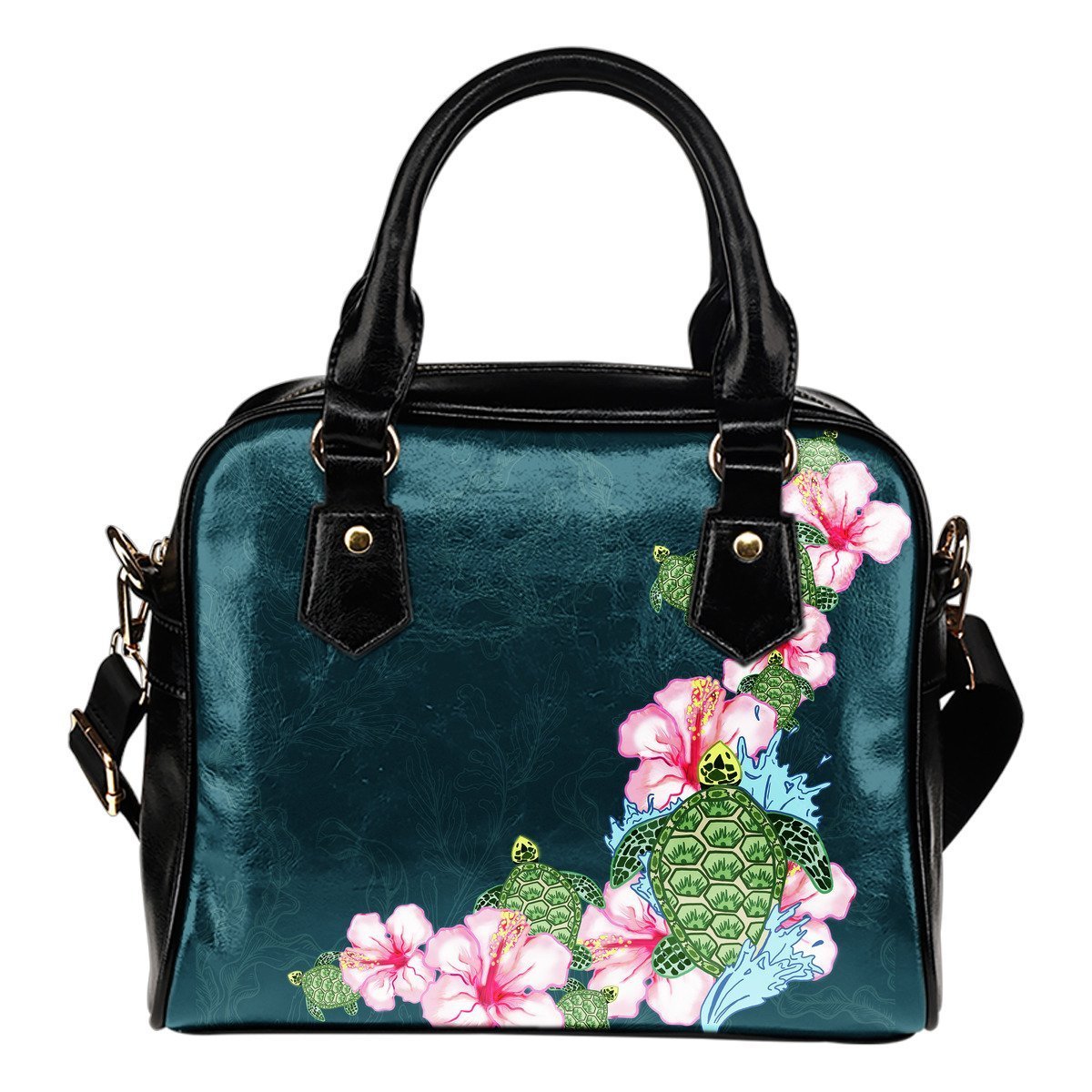 Turtle And Hibiscus Shoulder Handbag 04 - AH-SHOULDER HANDBAGS-Alohawaii-Shoulder Handbag-Black-PU leather-Vibe Cosy™