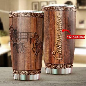 Personalized Name Bull Riding Stainless Steel Tumbler Team Roping Wood Texture