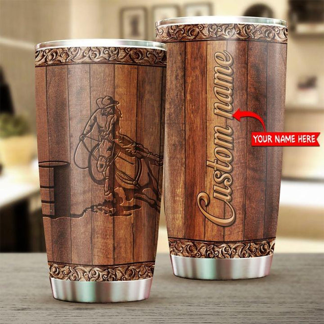 Personalized Name Rodeo Stainless Steel Tumbler Barrel Racing Wood Texture