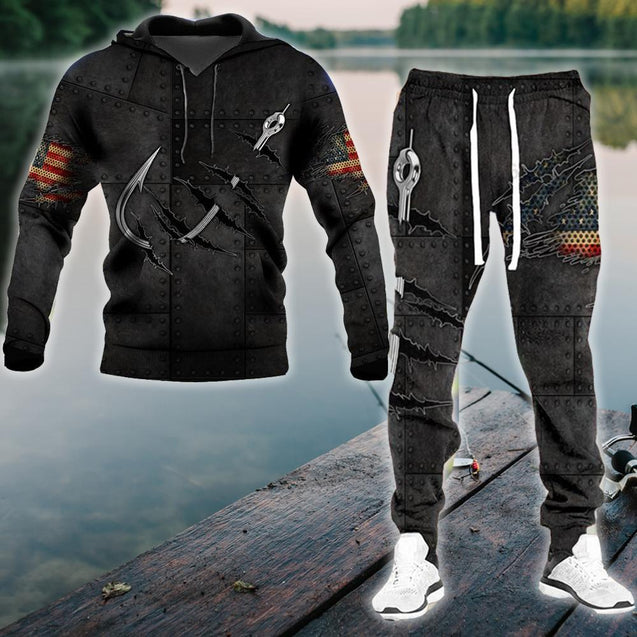 Fishing Hook Crack US Flag 3d print Combo Hoodie And Sweatpants