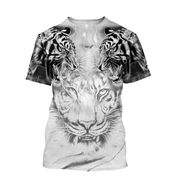 Double White Tiger Tattoo Over Printed Shirt For Men and Women