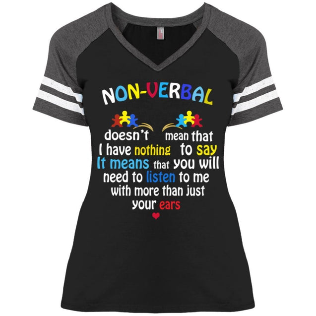 Non Verbal Doesn't Mean That I Have Nothing To Say Shirts-Apparel-CustomCat-DM476 District Ladies' Game V-Neck T-Shirt-Black/Heathered Charcoal-S-Vibe Cosy™