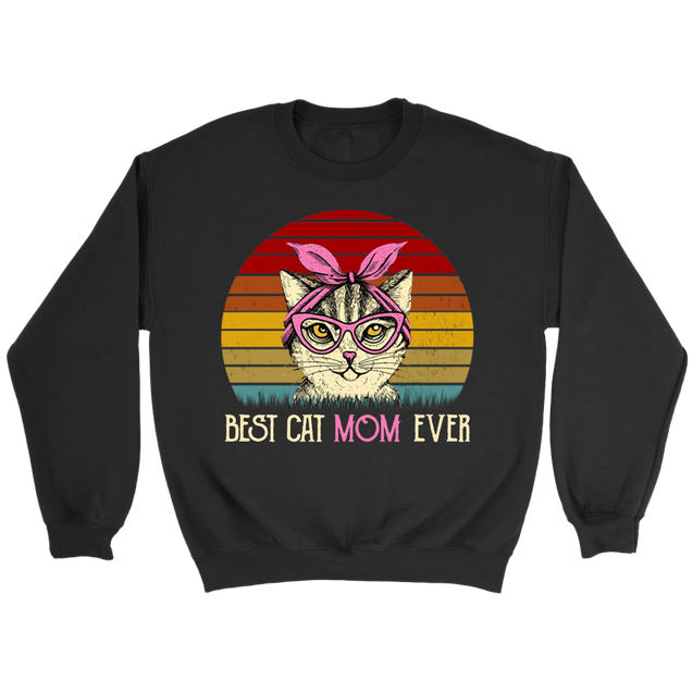 Vintage Best Cat Mom Ever T-Shirt-Apparel-teelaunch-Crewneck Sweatshirt-Black-S-Vibe Cosy™