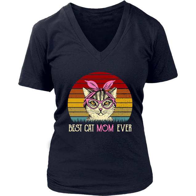 Vintage Best Cat Mom Ever T-Shirt-Apparel-teelaunch-District Womens V-Neck-Navy-S-Vibe Cosy™