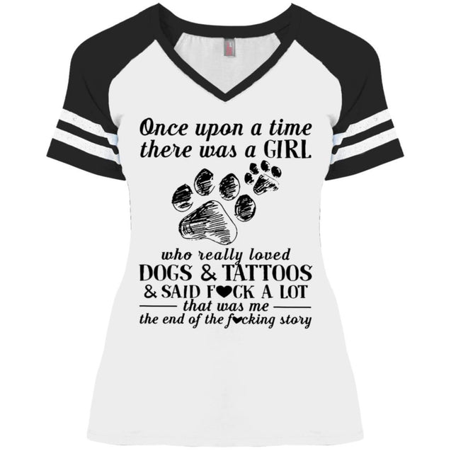 Once upon a time there was a girl who really loved dogs and tattoos shirts-Apparel-CustomCat-DM476 District Ladies' Game V-Neck T-Shirt-White/Black-S-Vibe Cosy™