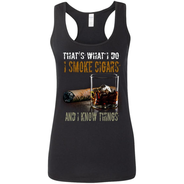 That's What I Do I Smoke Cigars And I Know Things shirts Vintage Cigars and Vodka Lovers-Apparel-CustomCat-G645RL Gildan Ladies' Softstyle Racerback Tank-Black-S-Vibe Cosy™