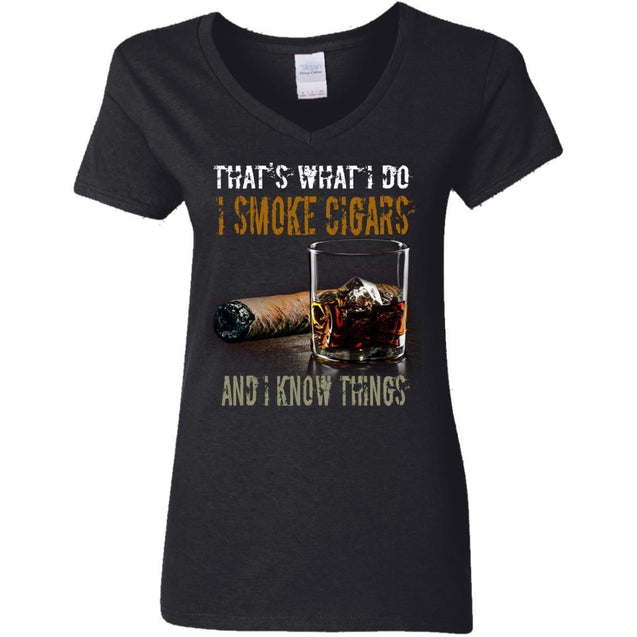 That's What I Do I Smoke Cigars And I Know Things shirts Vintage Cigars and Vodka Lovers-Apparel-CustomCat-G500VL Gildan Ladies' 5.3 oz. V-Neck T-Shirt-Black-S-Vibe Cosy™