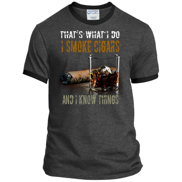 That's What I Do I Smoke Cigars And I Know Things shirts Vintage Cigars and Vodka Lovers-Apparel-CustomCat-PC54R Port & Co. Ringer Tee-Dark Heather/Jet Black-S-Vibe Cosy™