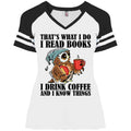 That's What I Do I Read Books I Drink Coffee and I Know Things Funny Owl Shirts-Apparel-CustomCat-DM476 District Ladies' Game V-Neck T-Shirt-White/Black-S-Vibe Cosy™