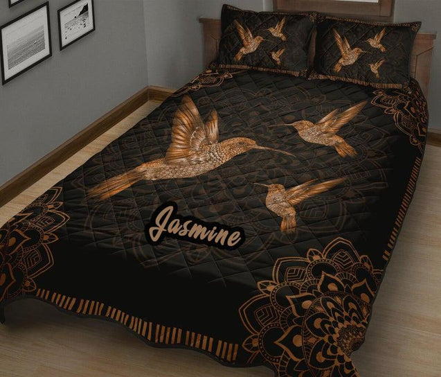 Personalized Name Vintage Mandala Hummingbird Quilt Bedding Set