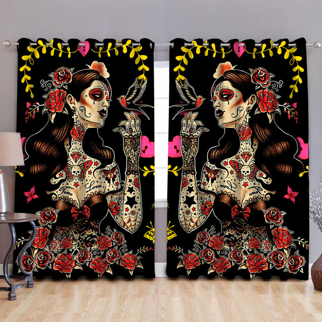 Tattoo Skull Girl Curtains DQB07302003-TQH-Curtains-TQH-52'' x 63''-Vibe Cosy™