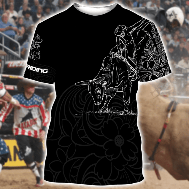 Personalized Name Bull Riding 3D All Over Printed Unisex Shirts Black Tattoo