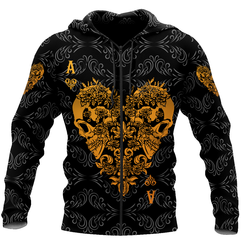 3D Ace Heart Skull Poker Over Printed Hoodie