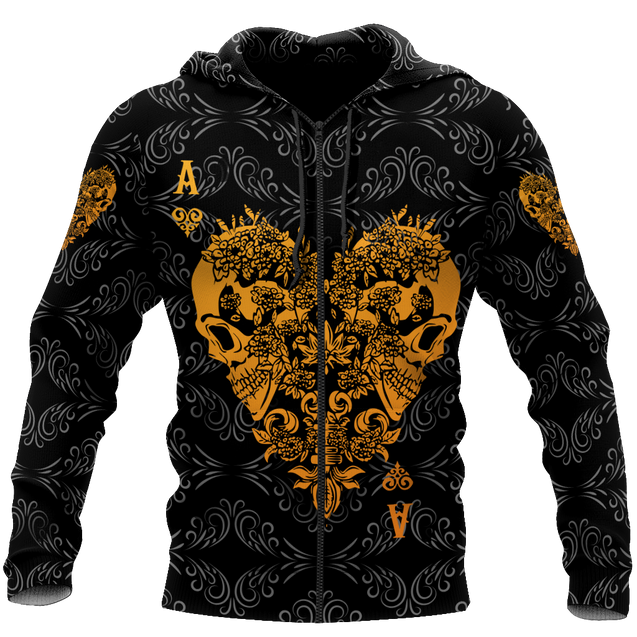 3D Ace Heart Skull Poker Over Printed Hoodie