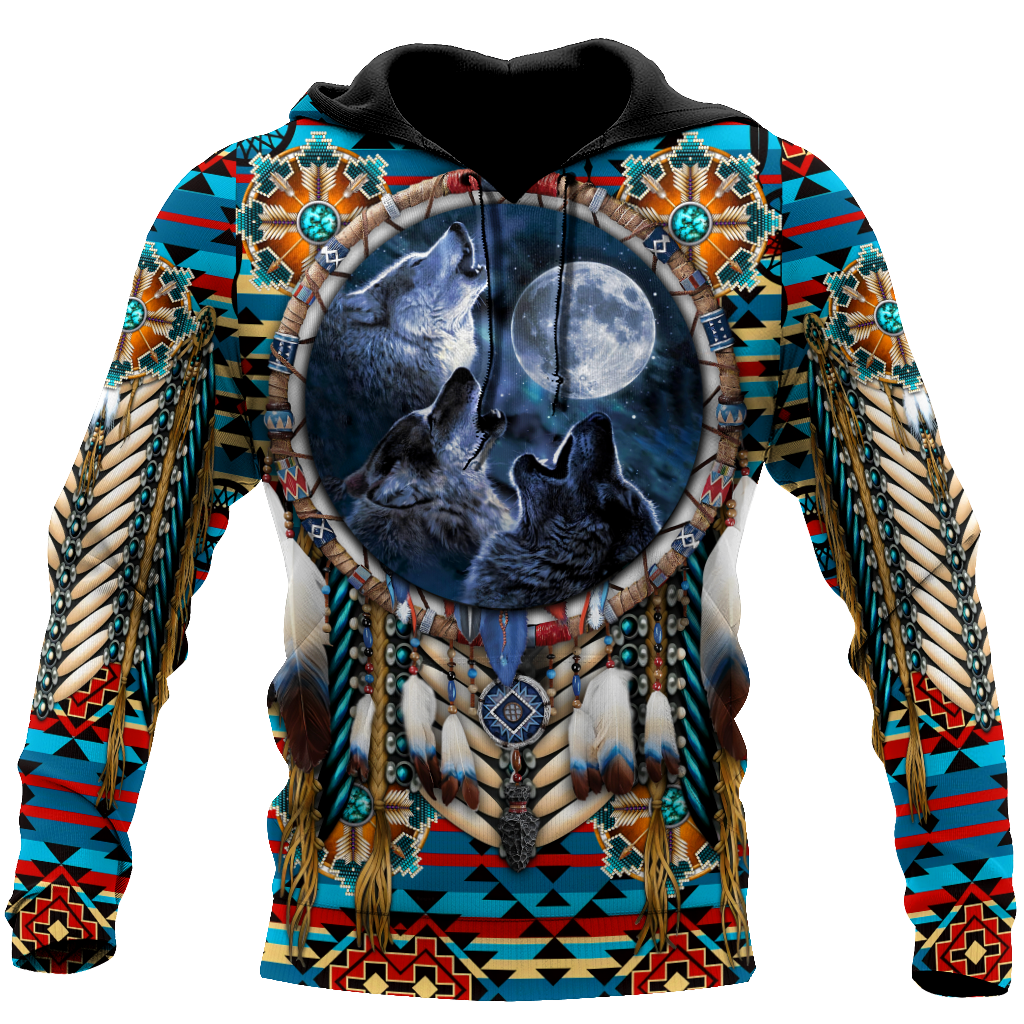 All Over Print Native American Wolves Hoodie MEI